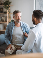 Obraz premium Senior caucasian male patient listening to professional african doctor checking his heartbeat using stethoscope during medical checkup consultation visit home office sofa couch cozy interior
