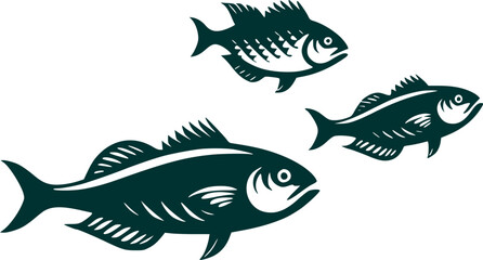Obraz premium vector illustration of fish Graphic illustration of three fish in lino cut or woodcut style.