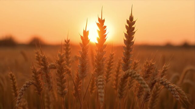 Wheat grain field Wheat head grain in sunset field, agriculture harvest season golden summer cereal crop texture with ripe barley closeup swaying in warm backlit rural landscape, soft bokeh focus