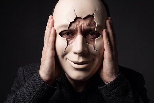 A man holding a cracked smiling mask over his distressed face, representing hidden pain and depression