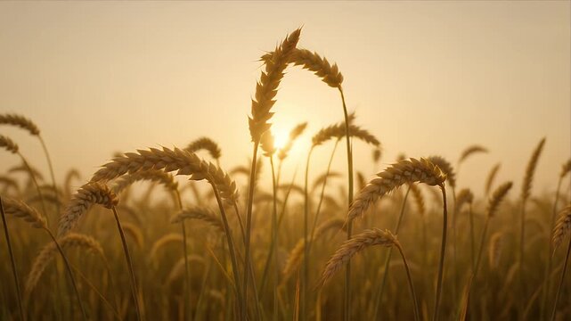 Wheat grain field Golden sunset backlight close up of wheat grain ear field, agriculture harvest scene with warm cinematic light, soft focus bokeh, ripe wheat head swaying golden breeze, rural crop