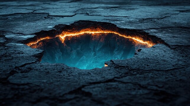 Glowing fiery chasm in cracked earth.