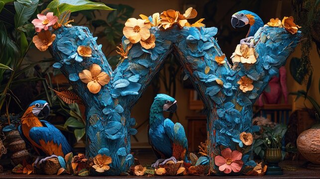 Teal sculpted letter 'W' adorned with flowers and two blue-gold macaws.
