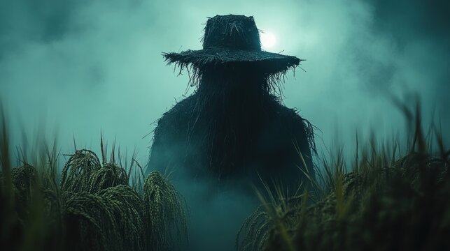 Eerie scarecrow in foggy field at night.
