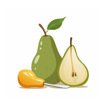 Green pear and slice with knife illustration