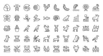 Fototapeta premium Set of thin line icons representing various animals, nature, and wildlife