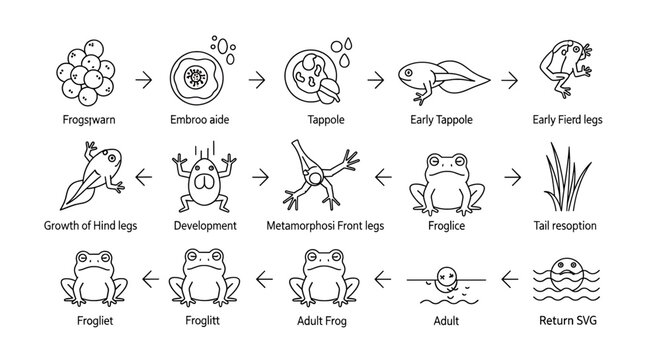 Frog life cycle infographic, developmental stages from egg to adult