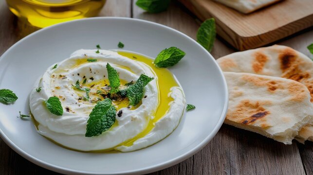 A plate of creamy labneh (strained yogurt) is swirled and drizzled with golden olive oil and sprinkled with fresh mint leaves. Next to it, a piece of torn warm pita