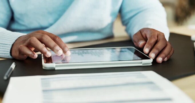 Man, hands and scroll in office with tablet, payroll data analysis or review report of employee hours. Analyst, person and research in business with tech, timesheet stats or graphs for salary payment