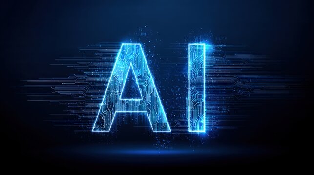 Illuminated Blue AI Text Glows with Digital Circuitry and Data Streams on Dark Background