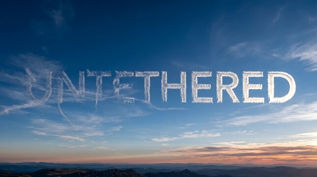 The word 'UNTETHERED' written in clouds across a vast sky at sunset, symbolizing liberation, breaking free from constraints, and the pursuit of limitless horizons.