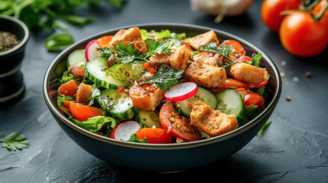  a bowl of fattoush salad. The salad is filled with fresh mixed greens, tomatoes, cucumbers, radishes, and sumac