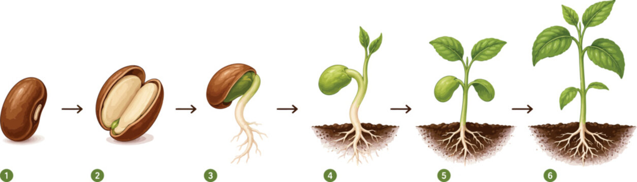 Vsai bean germination and growth cycle illustration showing development stages