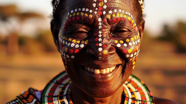 Portrait of an elderly African woman with traditional face paint and colorful bead necklace in natural light