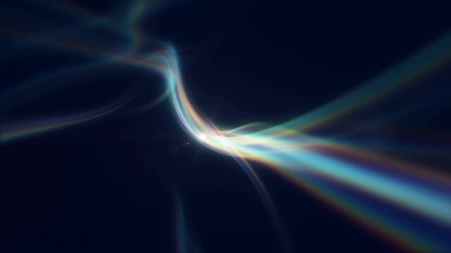 Slow pan tracking shot of iridescent light ribbons flowing and swirling across dark cosmic digital background void space studio setting