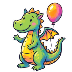 Fototapeta premium Cute green dragon holding a colorful balloon illustration, friendly fantasy creature graphic for kids, whimsical birthday party character art, isolated on white background, bright festive sticker desi