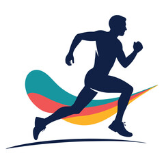 Obraz premium Runner Sprinting Forward Over Dynamic Wave Shapes with Colorful Ribbon Swooshes and Bold Silhouette Style