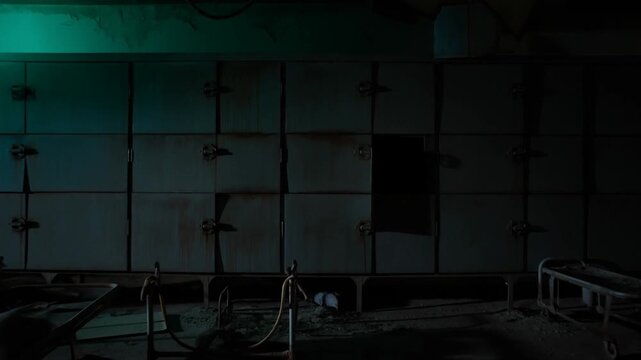 Panning shot of abandoned morgue gurneys and rows of metal body storage lockers slowly revealing decayed interior under green emergency light in basement hospital