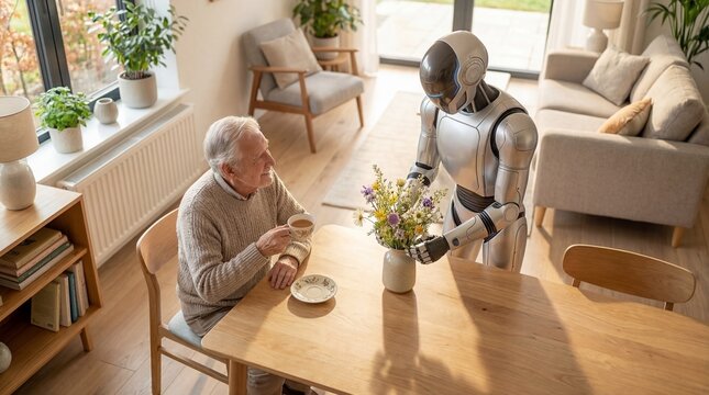 Robot Assistant Placing Flowers for Elderly Man Drinking Tea in Bright Living Room Photography