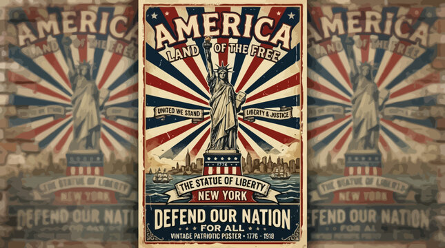 Patriotic poster of Statue of Liberty with American flags and text Defend Our Nation For All in New York