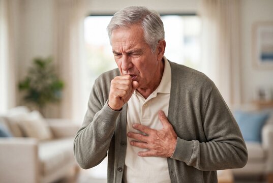 Senior man coughing and holding his chest in a home setting