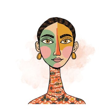 Elegant Abstract Woman Portrait with Patterned Neck Graphic For T Shirt