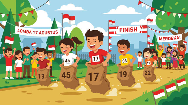 Children participate in a sack race at an outdoor event with spectators and flags.