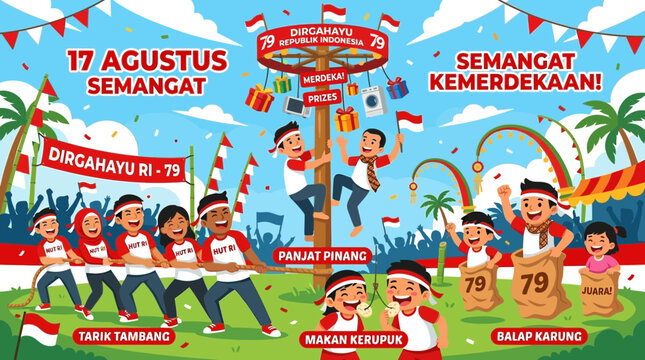 Indonesian children participate in 17 Agustus games celebrating independence with joyful activities.