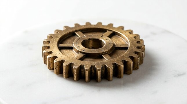 Single bronze metallic industrial gear cog on marble surface with metallic industrial mechanical industry technology engineering component mechanism technical hardware innovation movement