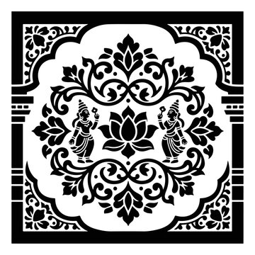 Vector classic engraving hindu budha bali java Mandala Pattern, Decorative Circular Ornament, Black and White Floral Motif