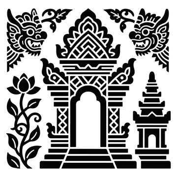 Vector classic engraving hindu budha bali java Mandala Pattern, Decorative Circular Ornament, Black and White Floral Motif