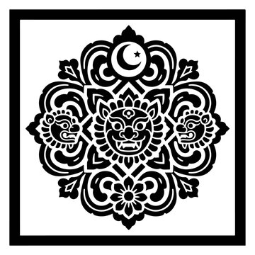 Vector classic engraving hindu budha bali java Mandala Pattern, Decorative Circular Ornament, Black and White Floral Motif