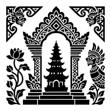 Vector classic engraving hindu budha bali java Mandala Pattern, Decorative Circular Ornament, Black and White Floral Motif