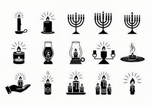 Set of black icons featuring various burning candles, lanterns, and a traditional menorah