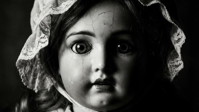 Close up of vintage antique porcelain doll face with cracked texture and lace bonnet in black and white