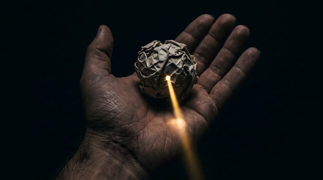 Human hand holding a crumpled ball of paper with a brilliant golden light shining from within, symbolizing creative inspiration, a breakthrough idea, and discovery in the darkness.