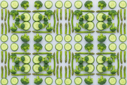 A symmetrical pattern of fresh green broccoli florets, cucumber slices, and asparagus spears on a light background.