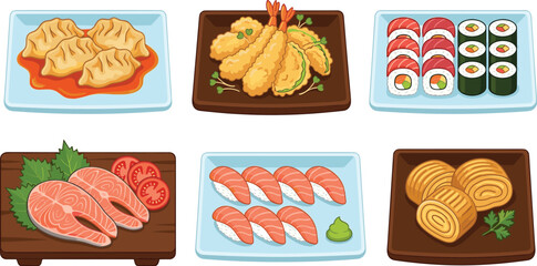 Japanese traditional food vector collection set with delicious sushi maki rolls nigiri gyoza dumplings tempura shrimp and tamago omelet isolated on white background © Jasmin