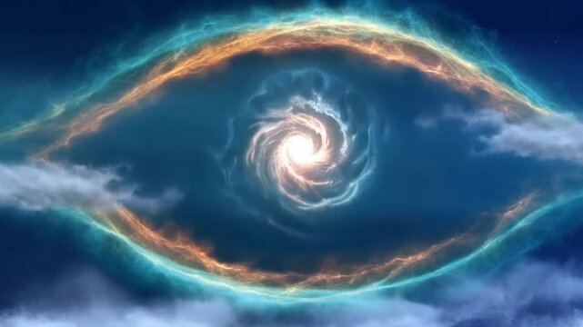 Slow motion view of radiant spiral vortex forming and rotating in dramatic cloudscape above low clouds with turquoise and orange atmospheric bands