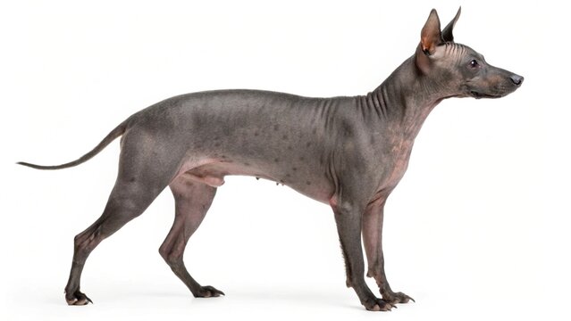 Isolated Peruvian Inca Orchid hairless dog standing on a white studio background