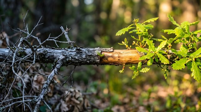 Vibrant green oak leaves sprouting from a dry dead branch in a sunny forest, a metaphor for life from death, resilience, and rebirth.
