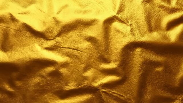 Slow motion close up of gold foil surface rippling and folding with shimmering reflections in studio tabletop setting with subtle panning camera movement