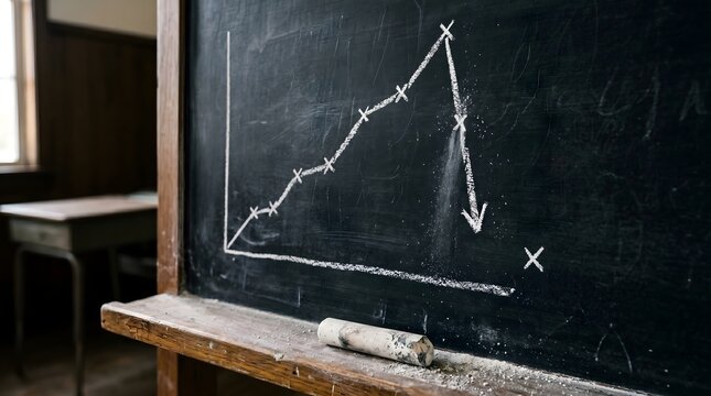 Chalk drawing of a line graph on a vintage blackboard showing a sudden sharp downward trend and market crash with falling dust, symbolizing economic recession or business failure.