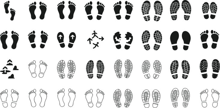 Footprint and Shoe Print Icon Collection Featuring Human Tracks Walking Marks Sole Impressions and Trail Symbols Vector Set