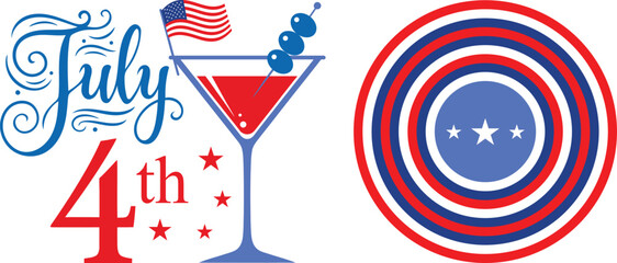 Obraz premium 4th of July Independence Day badges with Happy text on ribbons in red and black colors featuring graphics, icons, patriotic