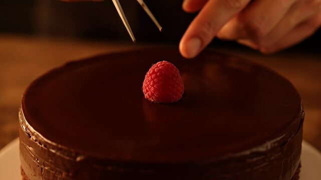 Decorating chocolate cake with raspberry using tweezers