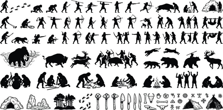 Prehistoric Human Evolution and Stone Age Silhouette Collection Featuring Ancient Hunters, Cave Life, Survival Activities, Wildlife, Tools, and Tribal Culture