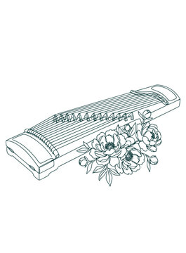 Illustration of Chinese zither with Flowers