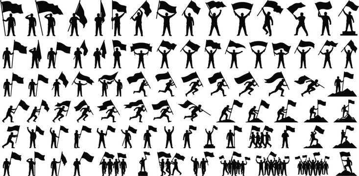 Protest Demonstration and Political Rally Silhouette Collection with People Holding Flags, Marching, Celebrating, and Activist Poses