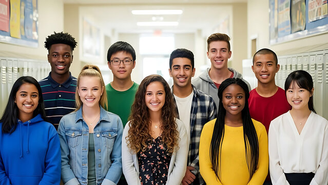 Cheerful diverse adolescent students posing together in a modern high school hallway, standing in a line, smiling and looking directly at the camera during their academic education journey.